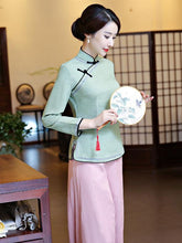 Gray-green Ramie Cotton Cheongsam Tops